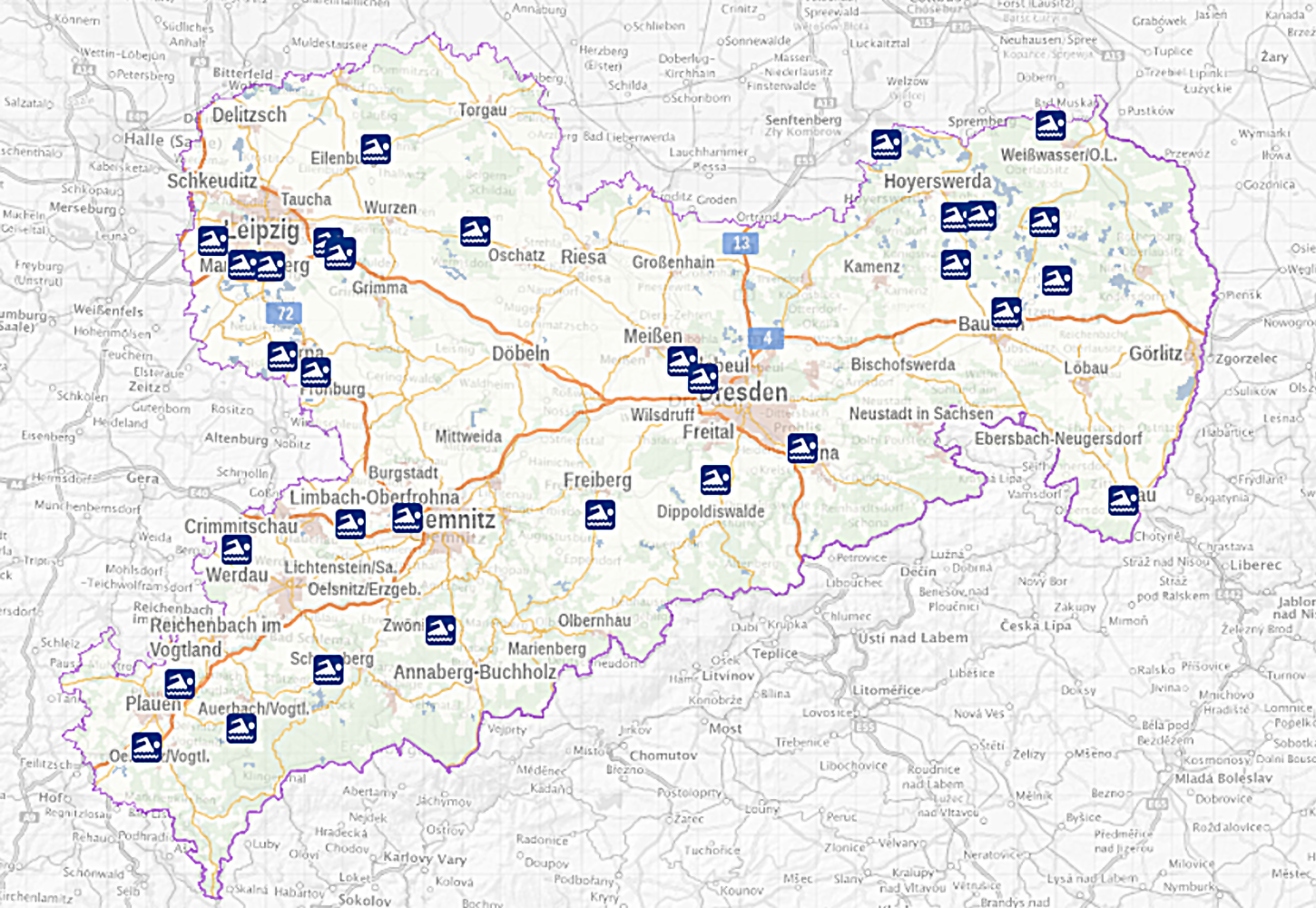 Screenshot vom Kartendienst „EU-Badegewässer Sachsen"