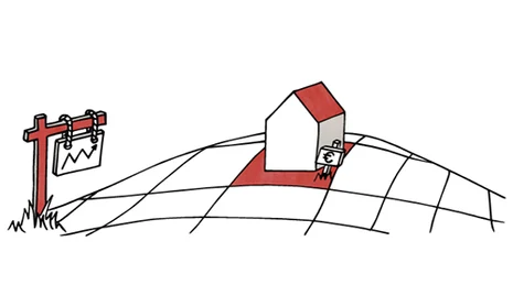 Das Bild zeigt in der Mitte ein kleines Haus auf einem Hügel mit einem €-Zeichen an. Der Hügel wird durch ein Gitternetz dargestellt, das auf Flurstücksgrenzen hinweist. In der vorderen linken Ecke befindet sich ein Galgen mit einem steigendem Pfeil.