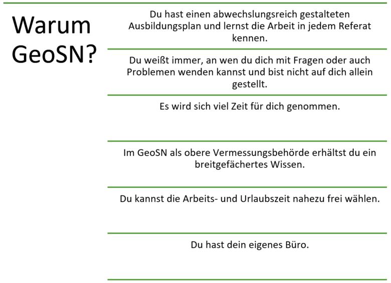 Dieses Bild enthält mehrere kurze Sätze, welche Gründe nennen, um sich im GeoSN zu bewerben, wie bspw. "Du kannst die Arbeits- und Urlaubszeit nahezu frei wählen.