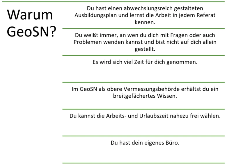 Dieses Bild enthält mehrere kurze Sätze, welche Gründe nennen, um sich im GeoSN zu bewerben, wie bspw. "Du kannst die Arbeits- und Urlaubszeit nahezu frei wählen.