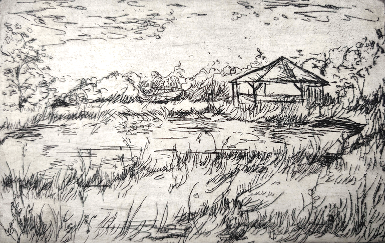 Haus am See - Kaltnadelradierung