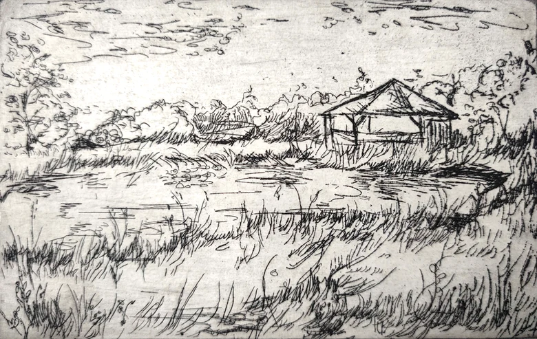 Haus am See - Kaltnadelradierung