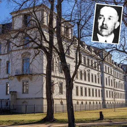 Collage eines Bildes vonm GeoSN-Gebäude und  eines Portraits von Hans von Zanthier