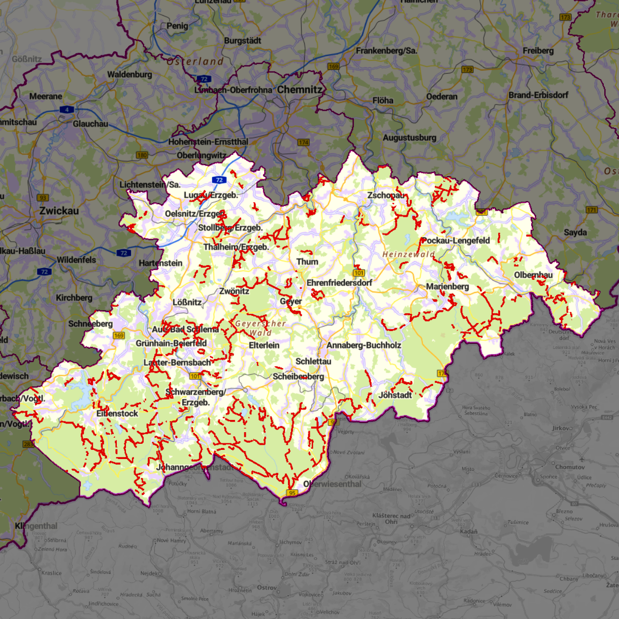 Ausschnitt Geoportal Sachsenatlas Erzgebirgskreis mit Reitwegen