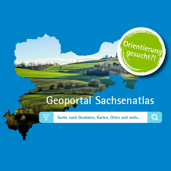 Umriß von Sachsen mit Landschaftsfoto auf blauem Untergrund